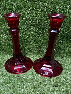 Vintage Indiana Glass Ruby Red Pressed Glass Candlestick Pair